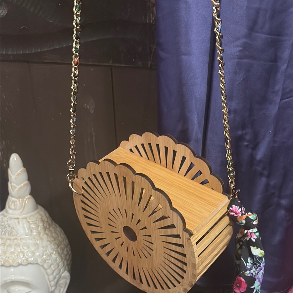 boho wooden Bamboo Half-Moon Handbag with Floral Strap boho wood